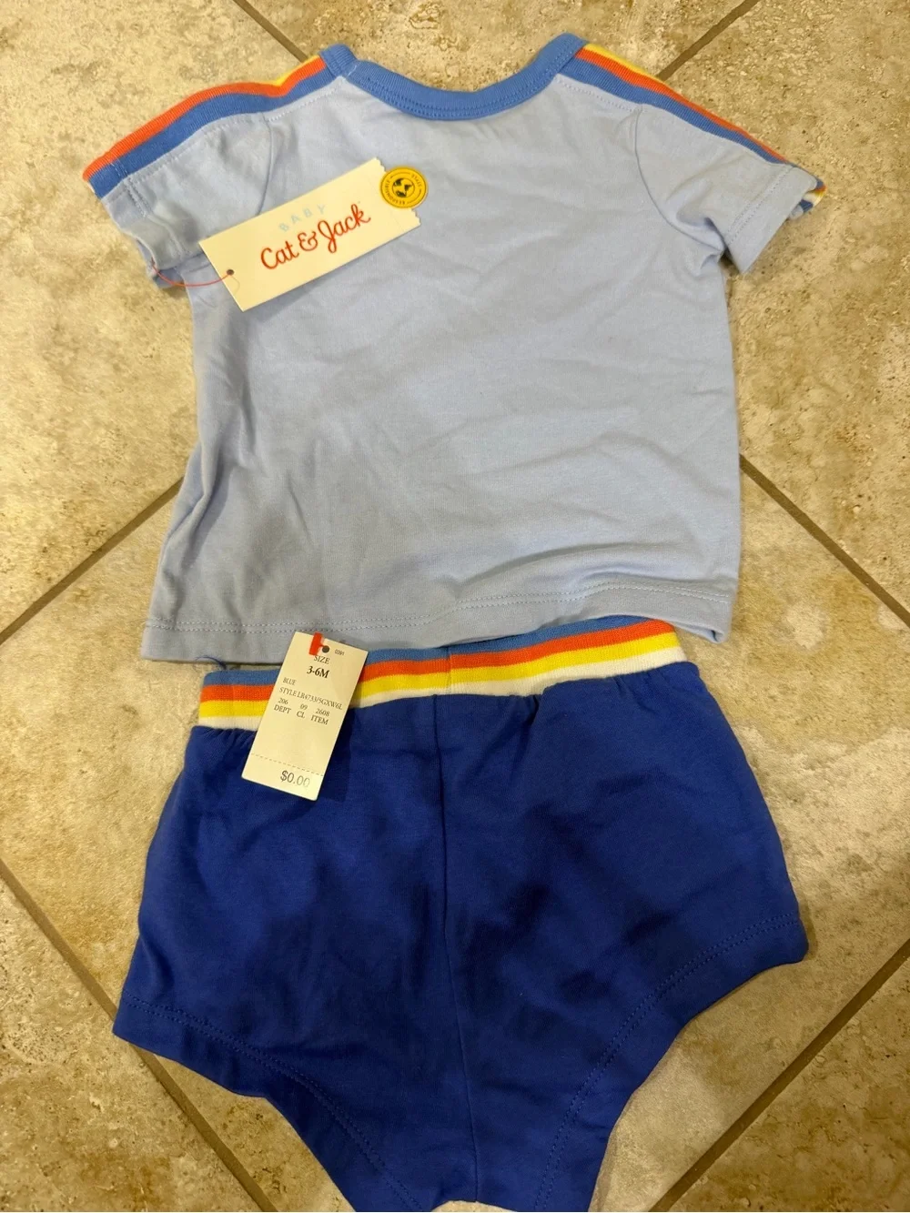 Cat & Jack Light Blue Tee with Royal Blue Shorts and Rainbow Waistband